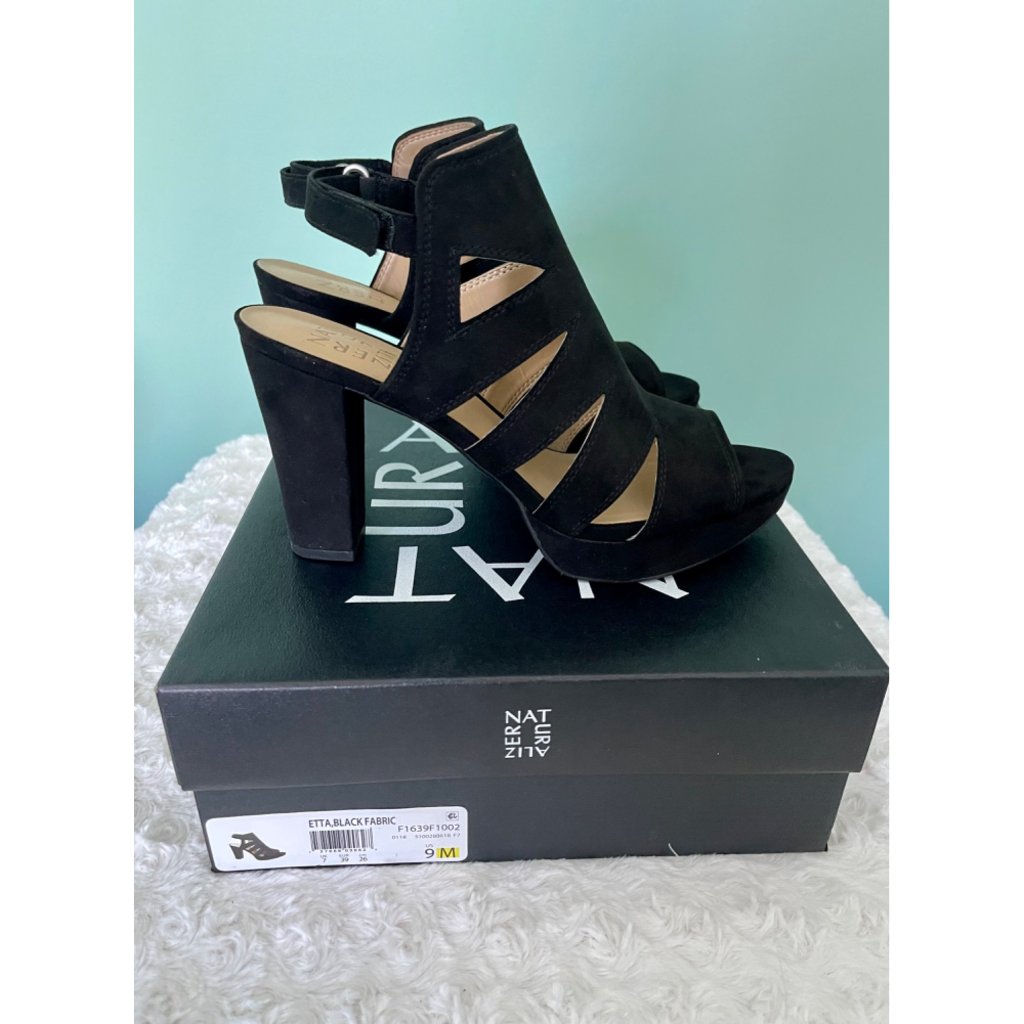 New! Naturalizer Etta Chunky Heeled Platform Sandal In Black - Sz 9 - Faux Suede